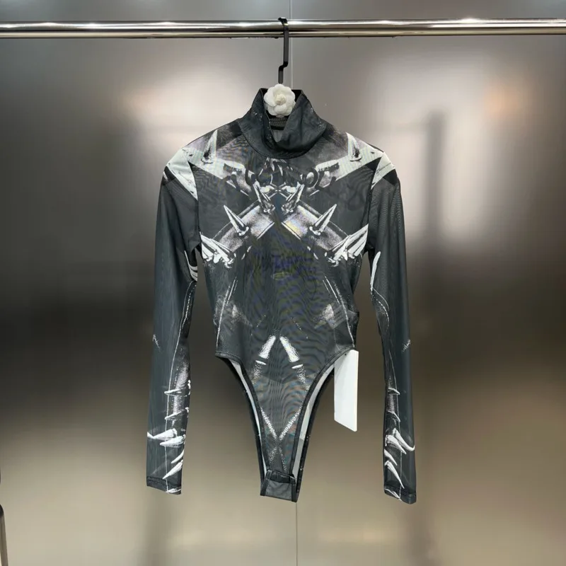 

BORVEMAYS Jumpsuits Women Patchwork Pattern Personality All-match Stand Collar Long Sleeve Stretch Mesh Autumn New WZ3839