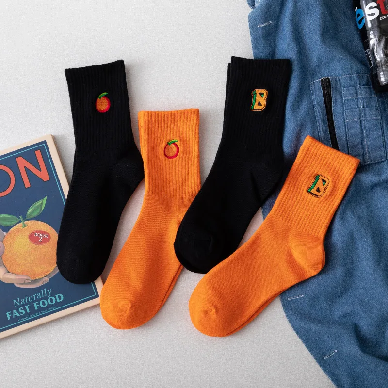 

Orange Embroidery Women Socks Fashion Cotton Sock Woman Long Solid Unisex Ribbed Socks Spring Summer Casual Soft Sports Socken