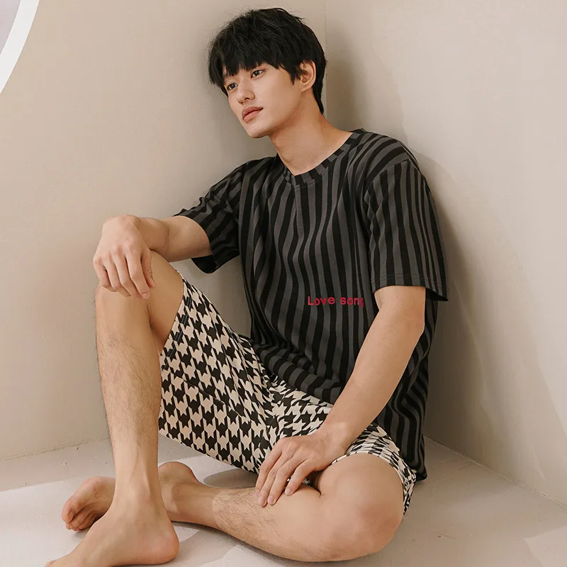 Men Summer Pajamas Sets Short Sleeve Shirt With Pants Cotton Eco Fabric Casual Lounge Home Male Confort Sleepwear