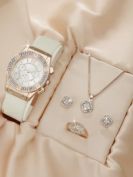 5PCS Set Fashion Women Watches Simple Ladies Business Leather Quartz Watch Womens Necklace Earrings Wristwatch 2