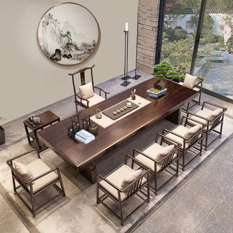 

Log new Chinese tea table and chair combination 2 meters 8 office kungfu tea making platform Zen real wood big board tea table d