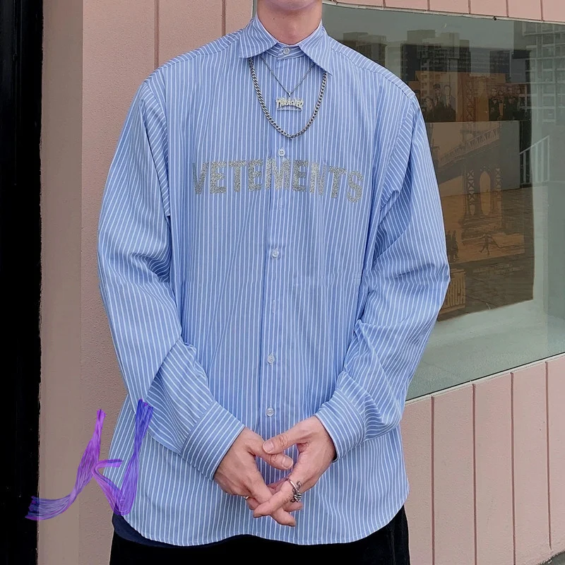 

Oversize Vetements Shirts Men's Women's Blue Striped Flash Diamond Letter Fashion VTM Shirts