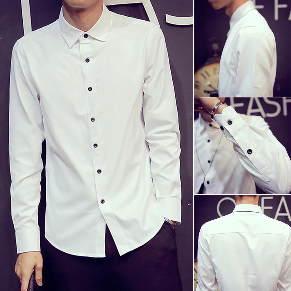

Cotton Gift Business Top Daily White Solid Fashion Long Sleeve Buttons Spring Casual Men Shirt Slim