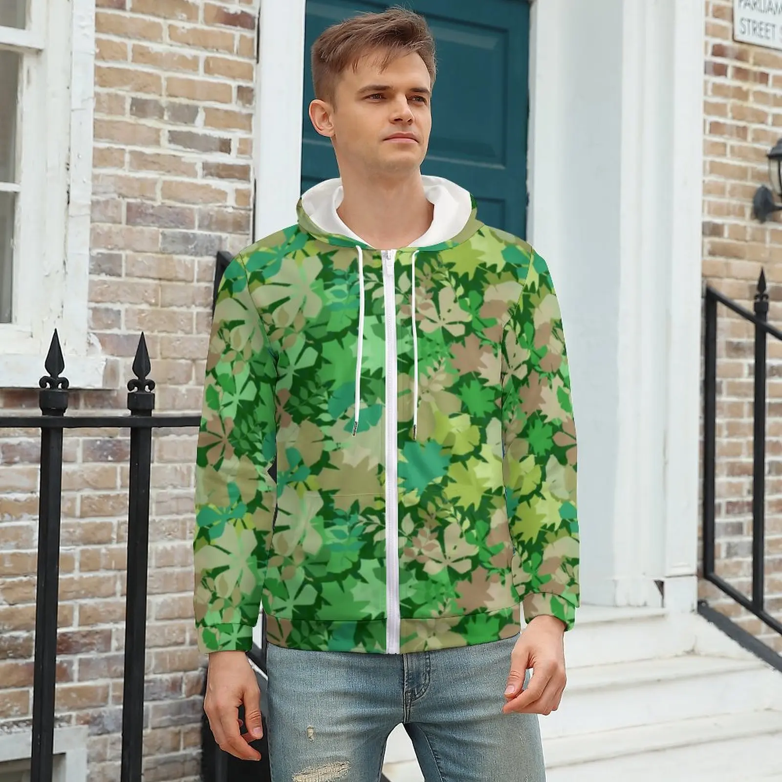 

Green Leaves Hoodie Leafy Forest Print Loose For Men Hoodies For Men Warm Zip Up Hoodie Oversize