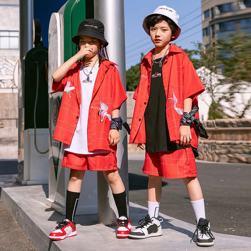 

Red Shirt Shorts Kids Hip Hop Performance Clothes For Girls Jazz Dance Costume Boys Street Dancing Outfit Stage Show Wear SL6278