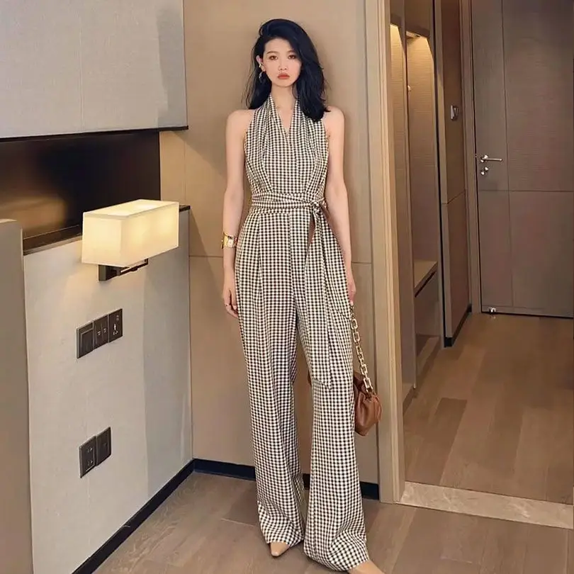 

Jumpsuits for Women 2022 Sexy Wide Leg Pants Clothing Female Casual Sleeveless Jumpsuits Ladies Plaid Overalls Rompers U146