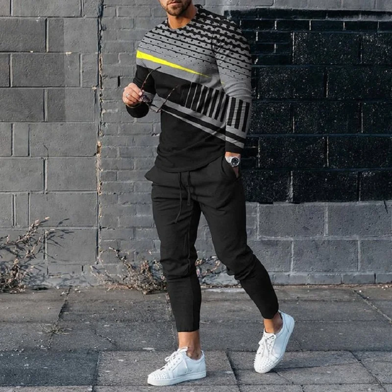 New Long Sleeve T Shirt Trousers 2 Piece Set Fashion Tracksuit Oversized Jogging Suit Casual Simple Streetwear Man Sets Clothing