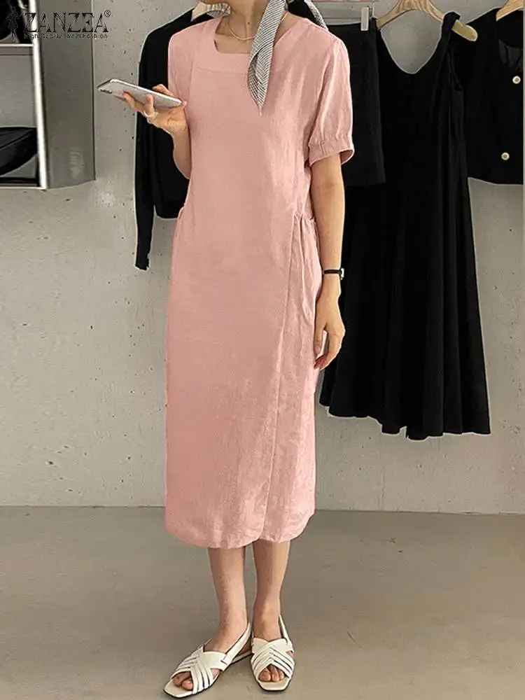 

ZANZEA Women Summer Short Sleeve Dress 2023 Vintage Retro Midi Dress Oversized Holiday Beach Loose Sundress Baggy Robes Femme