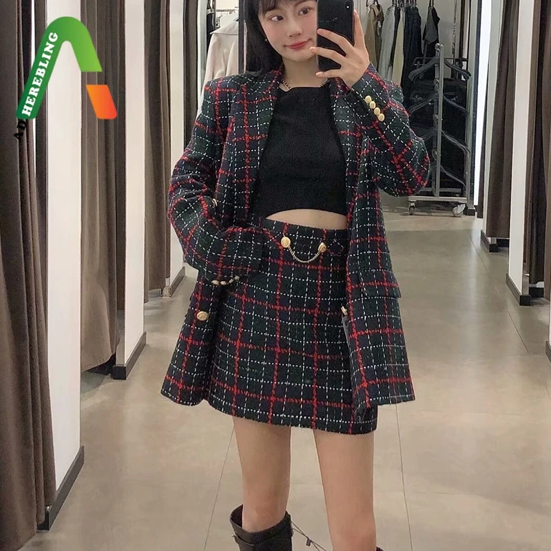 Женский костюм-двойка в клетку Adherebling деловой костюм с двубортным блейзером и