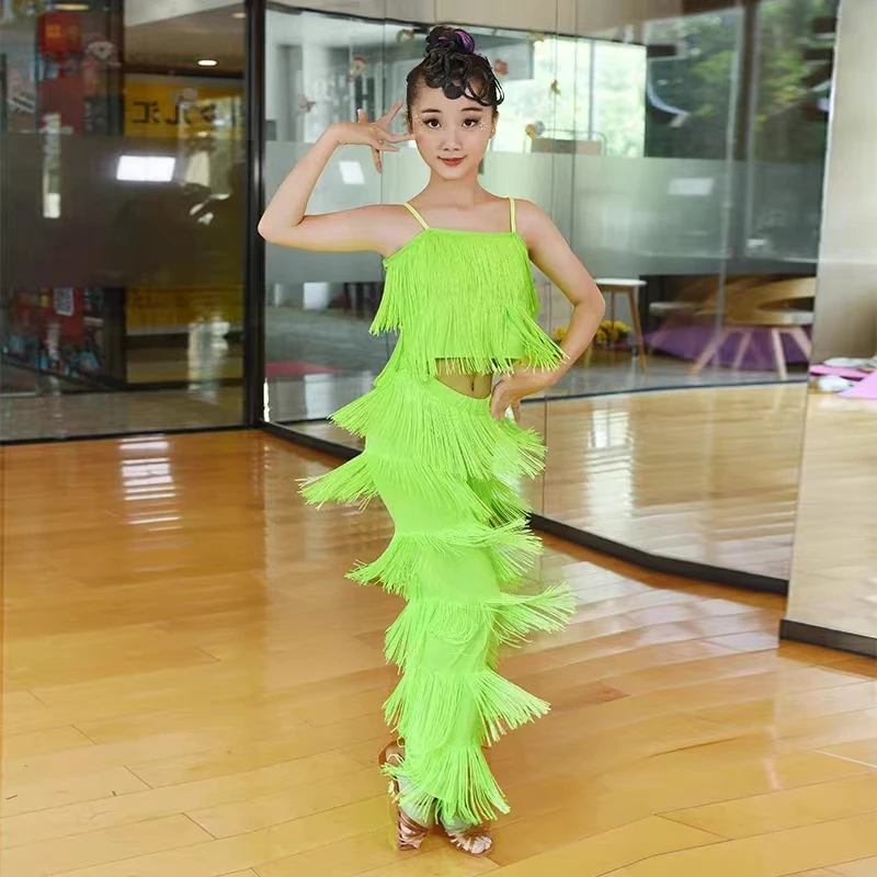 

1set/lot Latin Dance set Ballroom Plus Size Fringe Tassel Pants and top solid Fringe Latin dancing Costumes 4 Color