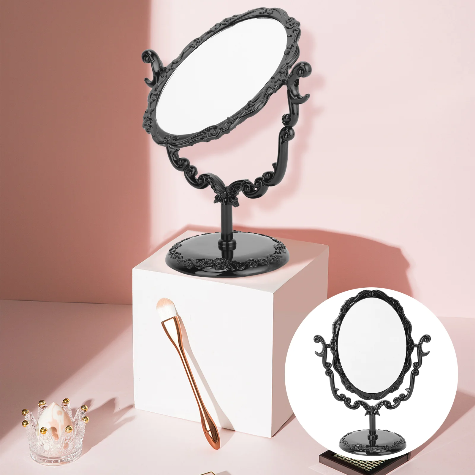 

Mirror Vintage Makeup Gothic Desktop Comestic Rotatable Tabletop Women Vanity Stand Swivel Girls Floral Side Desk Compact Up