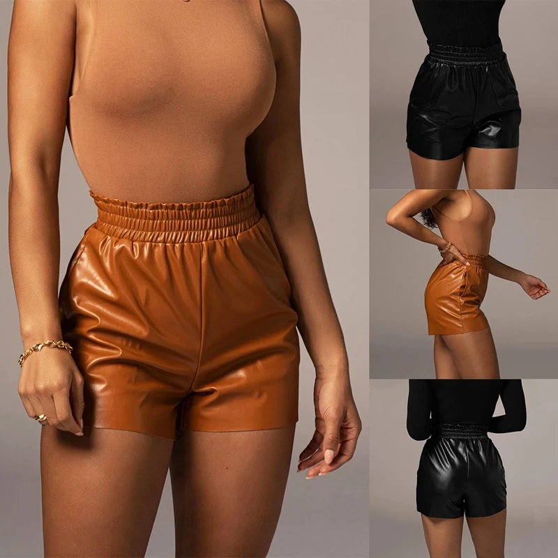 

Sexy Women's High Waist Loose Hip Wide Leg Shorts PU Leather Shorts For Women