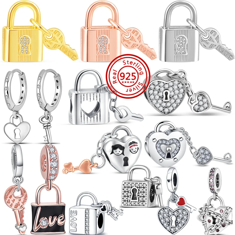 925 Sterling Silver Forever Love Lucchetto Key Series Ciondolo A Cuore Perline Lucide Fit Original Pandora Charms Bracciale Gioielli Da Donna