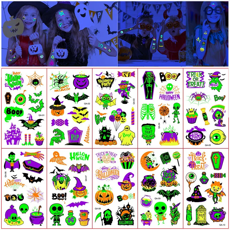 

Halloween Luminous Tattoo Stickers Waterproof Sweat Fluorescent Disposable Tattoo Stickers Children Cartoon Face Tattoo Stickers