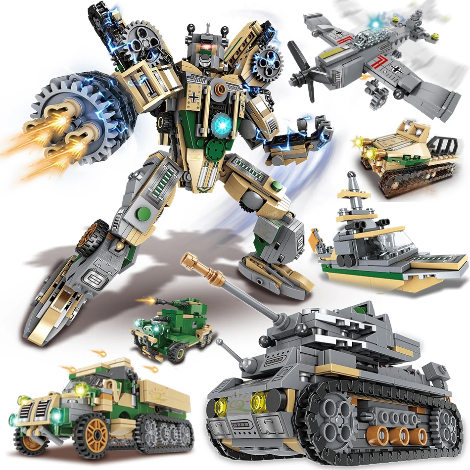 

1078pcs 8in1 Military Mechanical Robot Building Blocks Creative Modular Tank Truck Plane Bricks Set Toys For Children