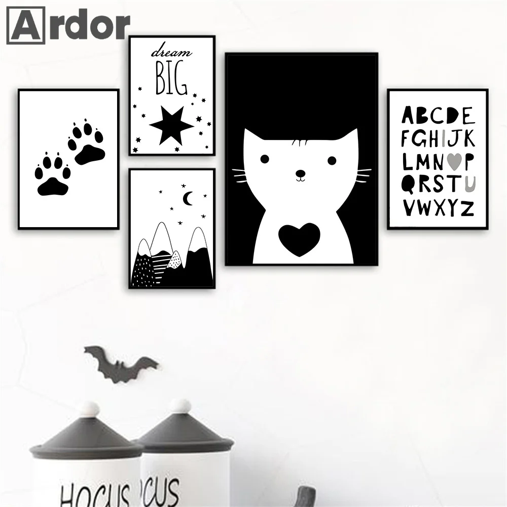 

Cartoon Star Moon Wall Art Canvas Painting Big Dream Quotes Posters And Prints Black White Nordic Pictures Baby Kids Room Decor