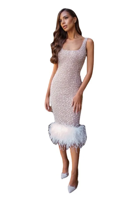 Elegant Ladies Prom Dresses for Women 2022 Sequin Slim Sleeveless Feather Trim Skirt Sling Women's Banquet Party Dress Vestidos