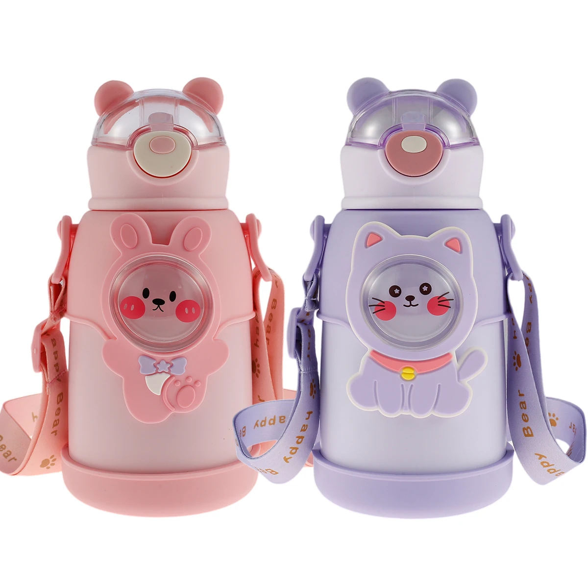 

Новая Изолированная бутылка для воды с соломинкой 500 мл, бутылки для воды из нержавеющей стали с ремешком и рукавом, милые герметичные вакуумные чашки