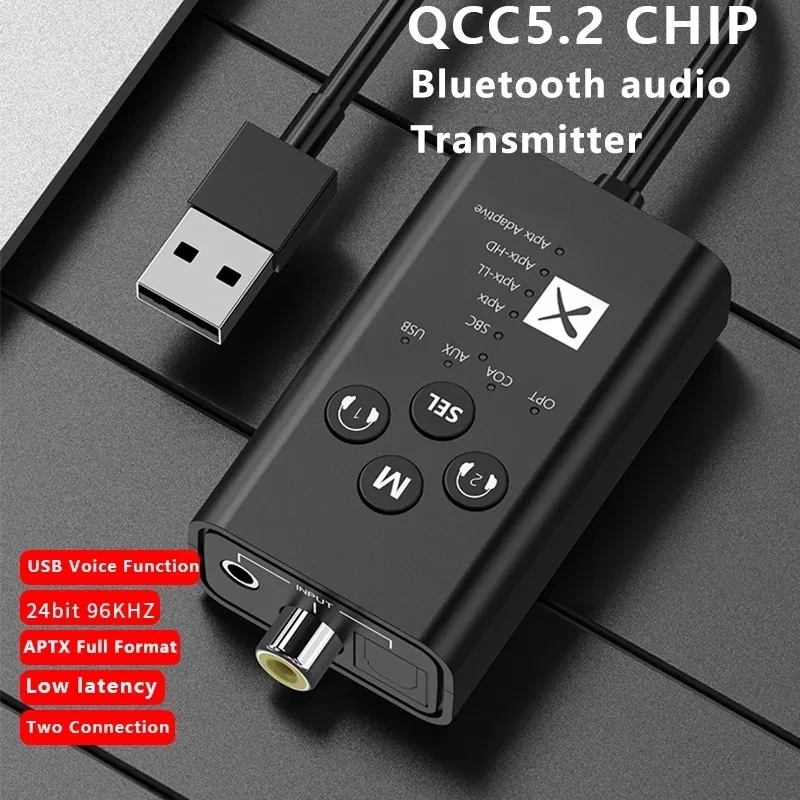 

24Bit Bluetooth 5.2 Audio Transmitter Qualcomm QCC3056 aptX LL HD Adaptive USB 3.5mm AUX Optical Fiber Coaxial Wireless Adapter