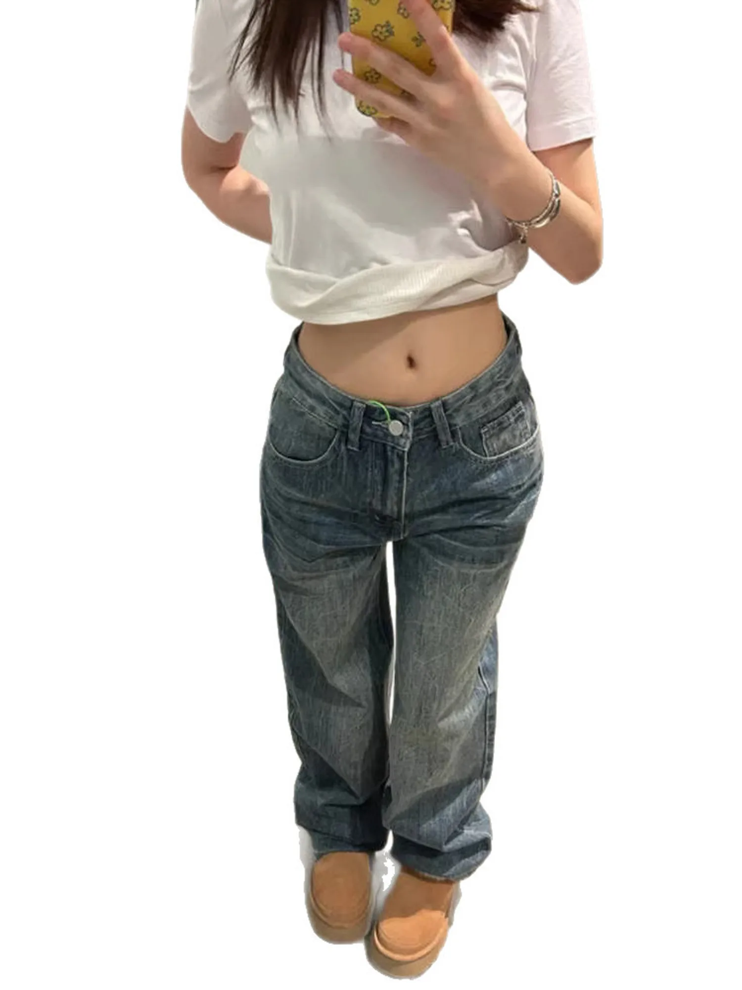 Фото Женские джинсы Y2K Baggy с низкой посадкой, широкими штанинами, винтажные, из денима, свободного кроя, в стиле стритвир, с уникальной деталью на заднем кармане №5
