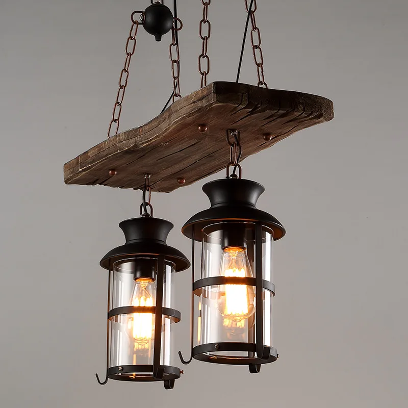 

American Country Retro Loft Solid Wood Chandelier with Chain Pendant Lights LED E27 Edison Bulb for Cafe Restaurant Bar