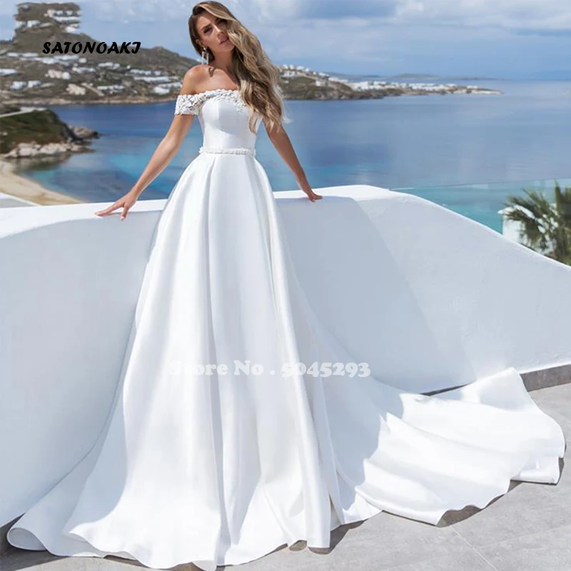 

Modern Satin Wedding Dress 2022 A Line Off the Shoulder Boho Bridal Gown Custom Made Beads Belt Short Sleeve Vestidos De Novia