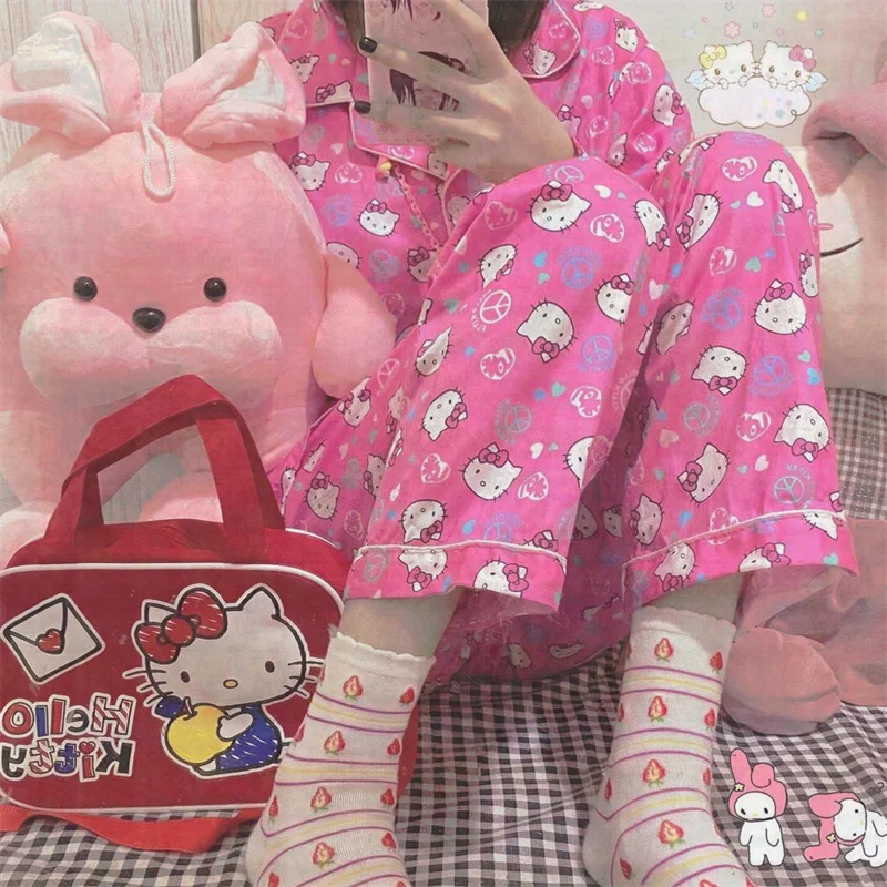

Hello Kitty Autumn and Winter Cute Home Costume Girls Cartoon Pajamas Set High-Quality Kt Long Sleeve Pants Large Size Pajamas
