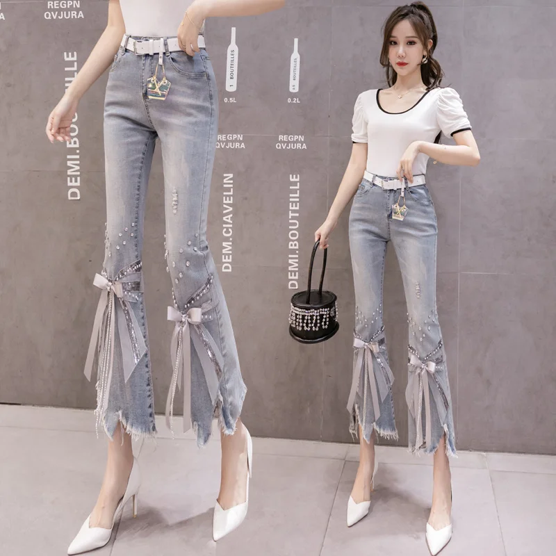 High Waist Jeans Women Ripped Cropped Jeans Women's 2022 Spring Summer New Irregular Beaded Bow Flared Denim Pants Ladies Jeans