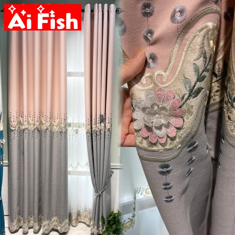 

Thermal Insulated Floral Embroidered Pink Curtains for Living Room Bedroom Luxury Room Darkening Chenille Curtain Window Drapes