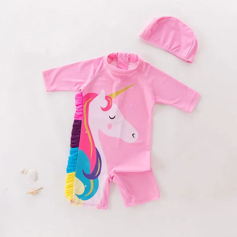 

Unicorn Swimsuit with Hat for Baby Girls 6 Years Bathing Suit Kids Long Sleeve Floral Print UV Protection Children Swimming Suit