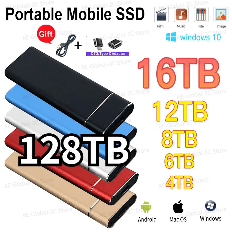 New Portable SSD 128TB External Solid State Hard Drive Mass Capacity Movable Storage Device Type-C for Computer Laptop USB 3.1