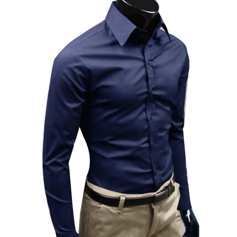

Рубашка мужская с отложным воротником, модная сорочка кроя Slim Fit, длинный рукав, на пуговицах, однотонная уличная одежда
