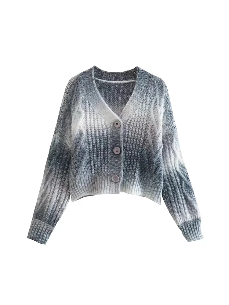 

ZAA New Fall 2022 Women's Fashion Retro Casual V-neck Single Breasted Elegant Button Trim Tie-dyed Cardigan Long Sleeve Sweater