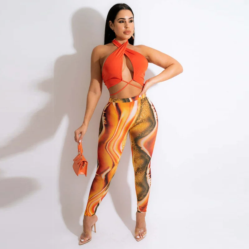 

Пляжный Женский комплект WUHE из 2 предметов, укороченные топы с воротником хомутом и леггинсы с принтом в виде тай-дай, комплект спортивного к...