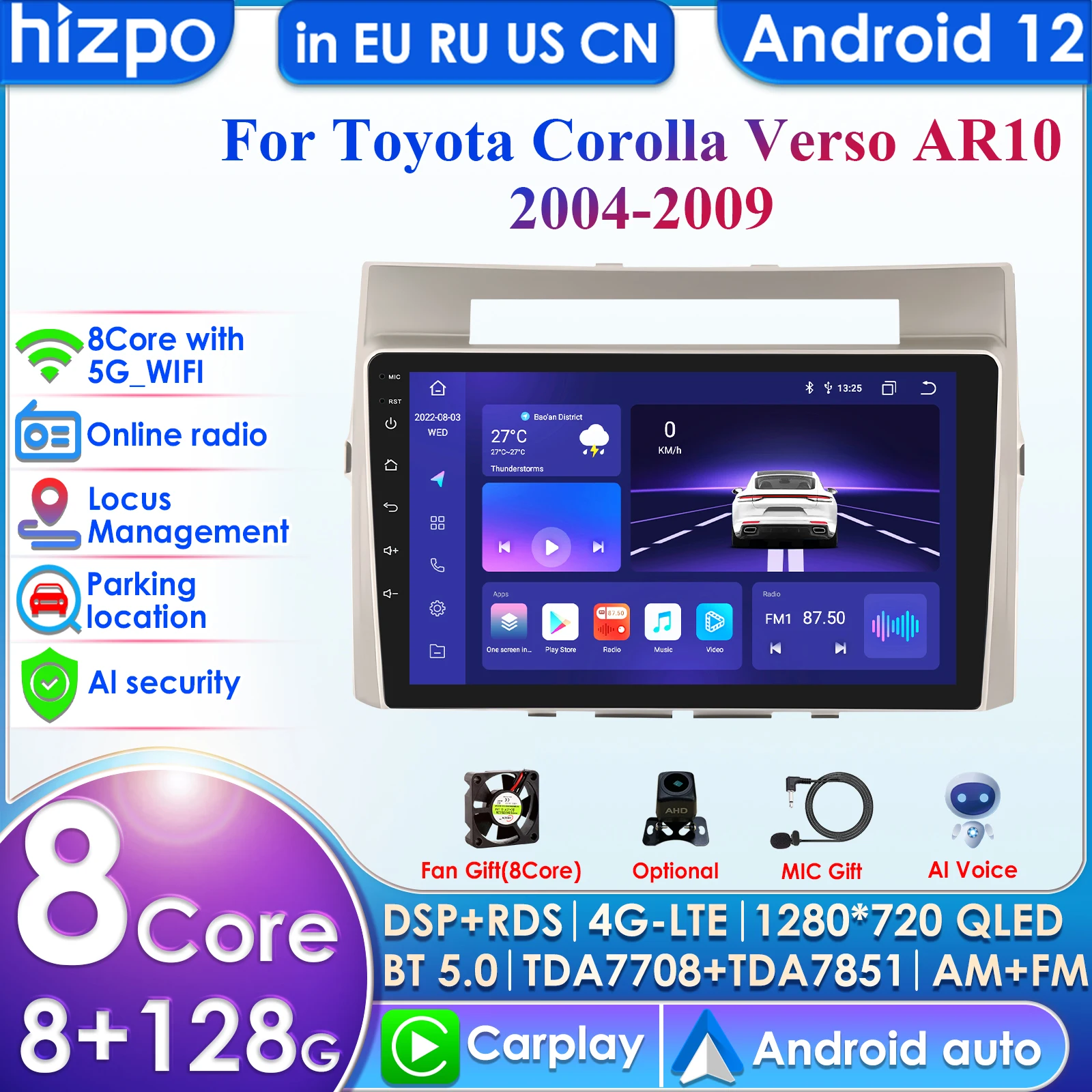 

9'' 7862 Android Car Radio for Toyota Corolla Verso AR10 2004 -2009 Multimedia Player 2Din Carplay Stereo Headunit Audio Wifi 4G