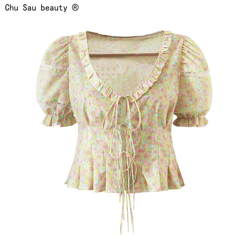 

French Sweet Vintage Floral Blouse Women 2021 Prairie Chic Summer New Puff Sleeve Ruffle Pleated V-Neck Lace-Up Top Shirt