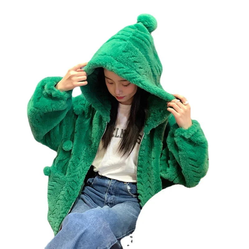 2022 100% lamb wool coat winter thicken women's lovely coat snowball hooded outwear sheep wool  coat