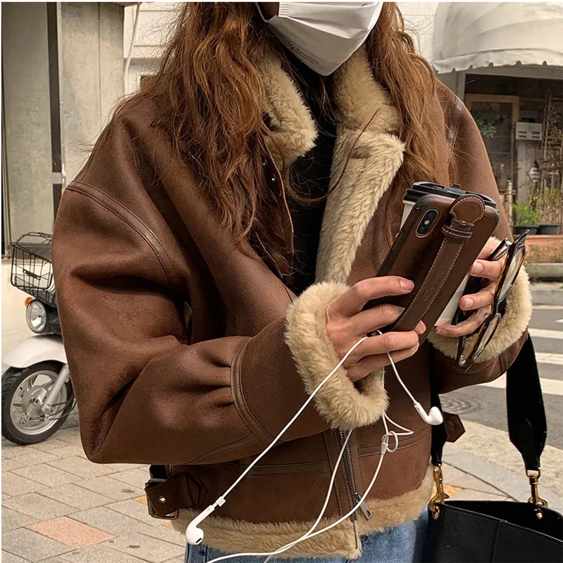 Lamb Fur Coat Deerskin Brown Jacket Women brown tops Winter Fur Integrated Motorcycle Suit Women's Loose Street Retro Jacket