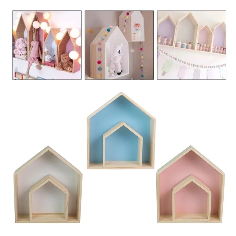 

2x Fashion Wooden House-Shaped Kids Room Decoration Floating Wall Storage Shelf Display Hanging Decor for Kindergarten