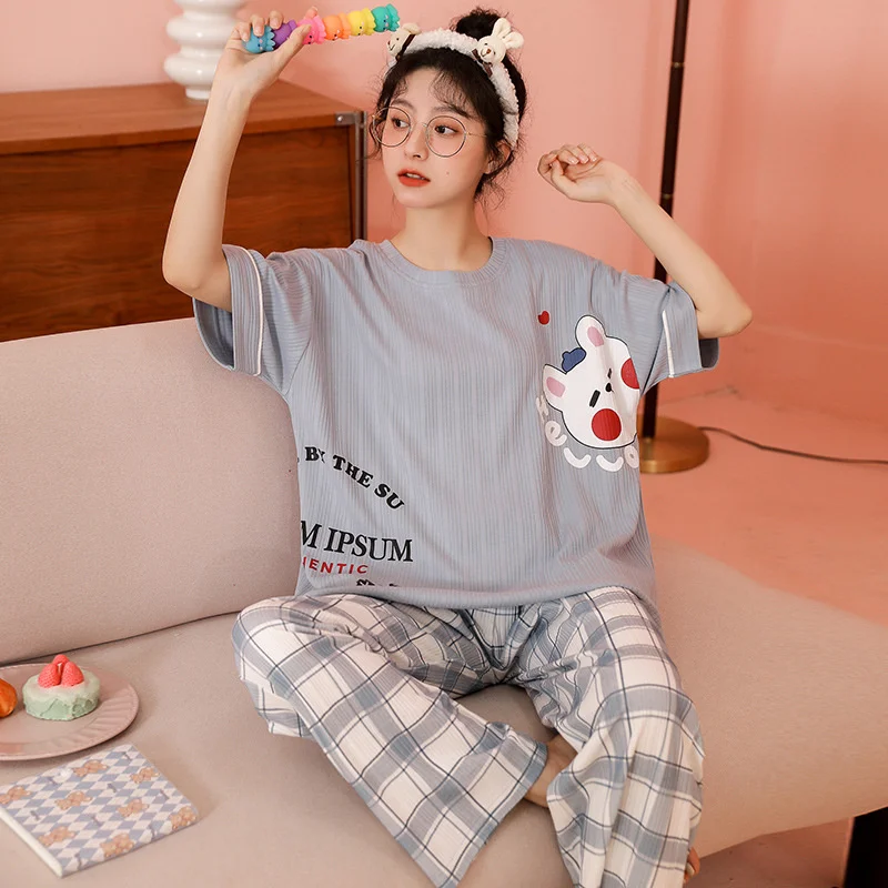 New Style Pajamas Women's Summer Short Sleeved Trousers Pure Cotton  Cartoon Cute Girl Loose Large Home Clothes Suit