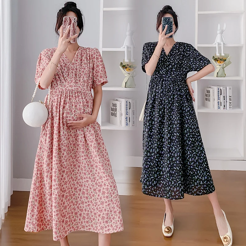 

1992# Summer Korean Fashion Floral Printed Chiffon Maternity Long Dress Ruffle V Neck Slim Ties Waist Clothes for Pregnant Women
