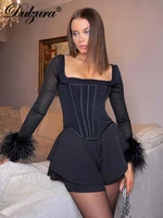 dulzura women feather mesh long sleeve corset crop top bustier t shirt sexy streetwear party club elegant 2022 summer y2k