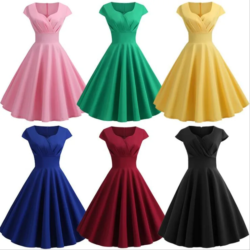 

Summer Dress Women Short Sleeve Hepburn 50s 60s Vintage Pin Up Rockabilly Dress Robe Plus Size Elegant Evening Party Dress