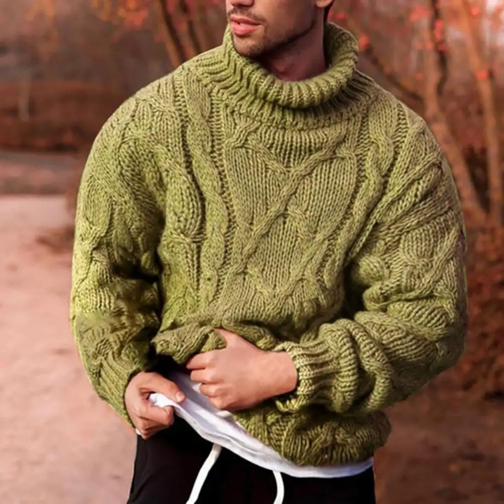 

Облегающий осенний мужской свитер, Модный хлопковый Зимний пуловер, однотонный теплый мужской вязаный джемпер с косами и высоким воротником, свитер
