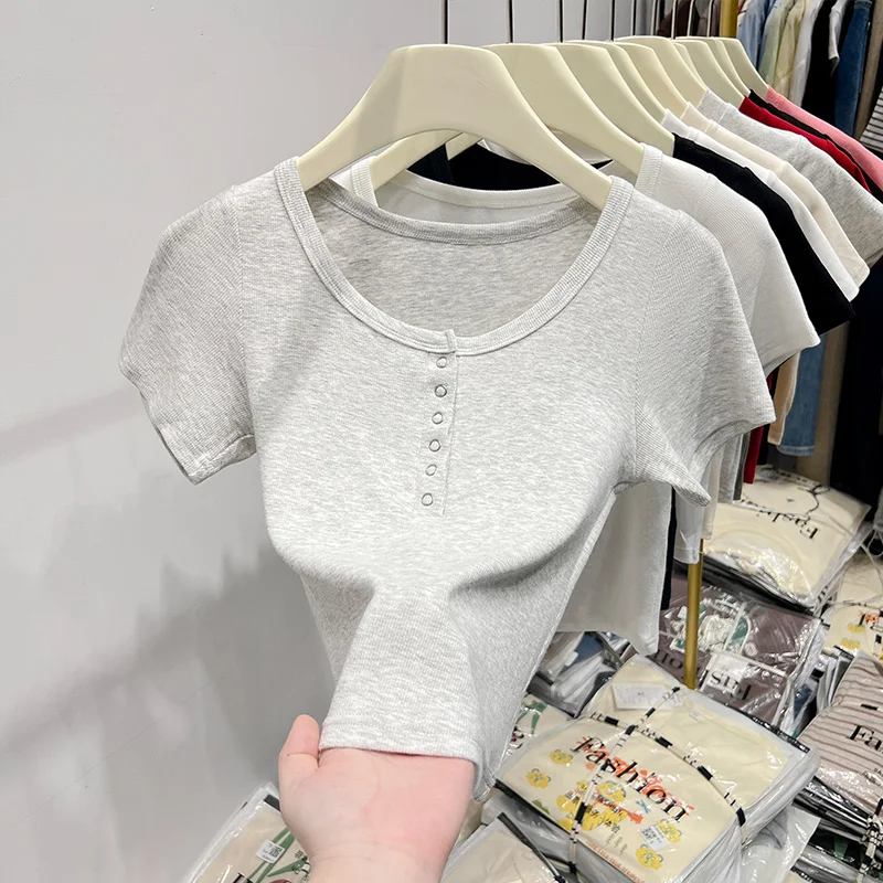 

2023 Summer Female Cotton T-Shirts Short Sleeve U Collar Slim Office Lady Casual Tees Button Fly Women's Basic Shirts Cotton Top