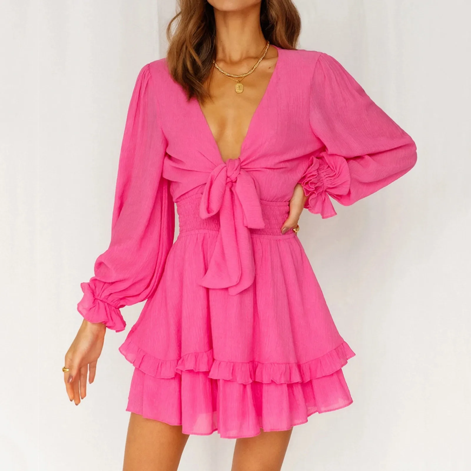 

Womens Spring Summer Knot Front V Neck Ruffles Long Sleeve Floral Print Swing Mini Dress