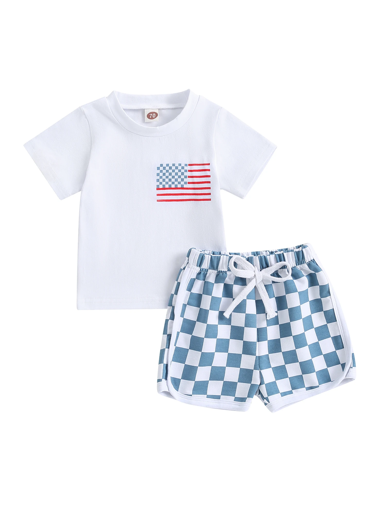 

Baby 2 Piece Outfits 4th of July Flag Print Short Sleeve T-Shirt and Elastic Checkerboard Shorts Set Summer Clothes