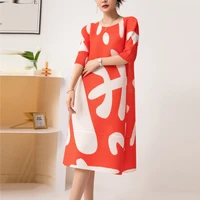 miyake pleated printed large size dress womens clothing 2022 summer new stylish loose plus size 34 sleeve pleated y2k dress