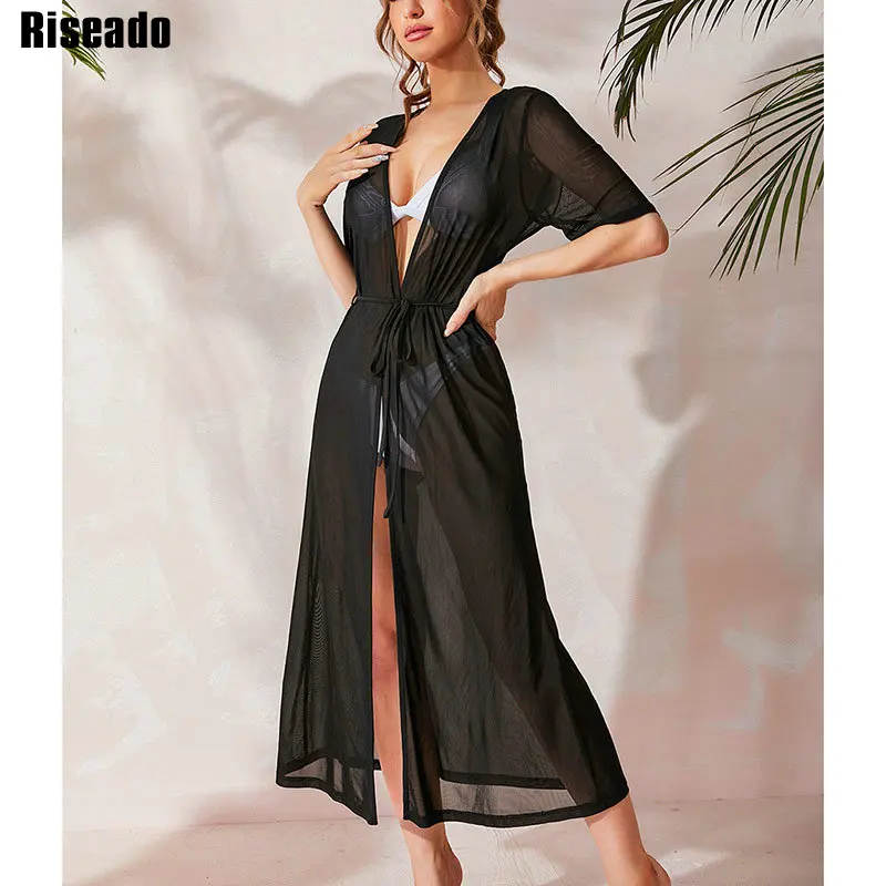 

Riseado Black Sexy Beach Cover-up Long Dress Mesh Women Beach Swimsuit Mesh Beachwear Belted Tunic Half Sleeve Pareo Bath Outlet