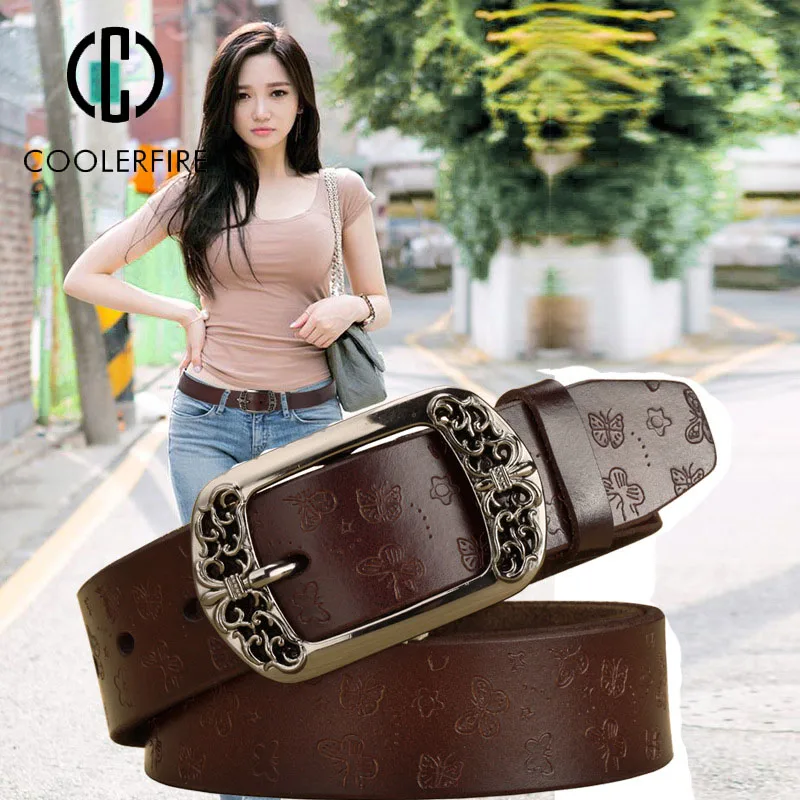 Belts For Women Printing Fashion Genuine Leather High Quality Brown Belt Vintage Pin Buckle Women Solid Color Waist Strap DT036